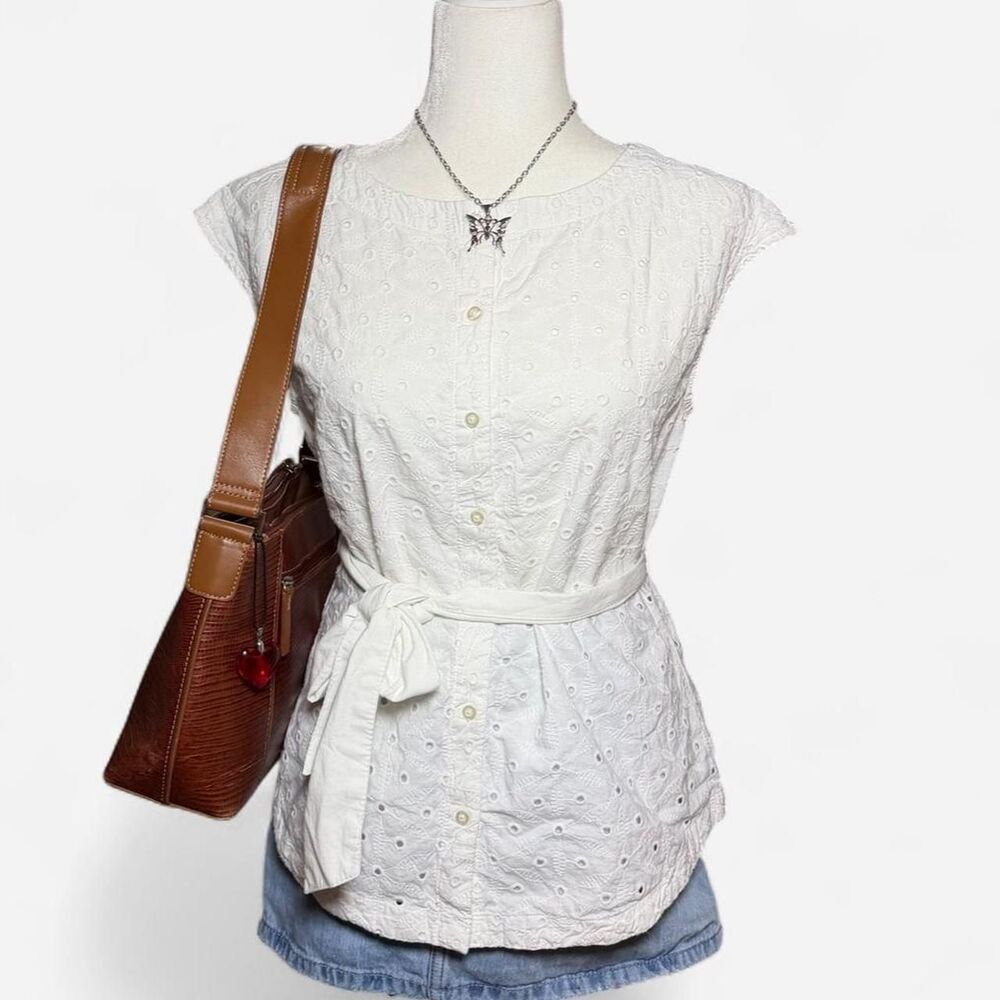 Vintage St. John's Bay White Eyelet Belted Cap Sleeve Top